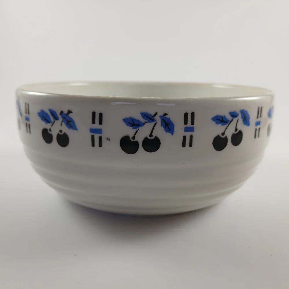 Czechoslovakia Art Deco Ceramic Bowl White With Blue Cherries 5 7/8